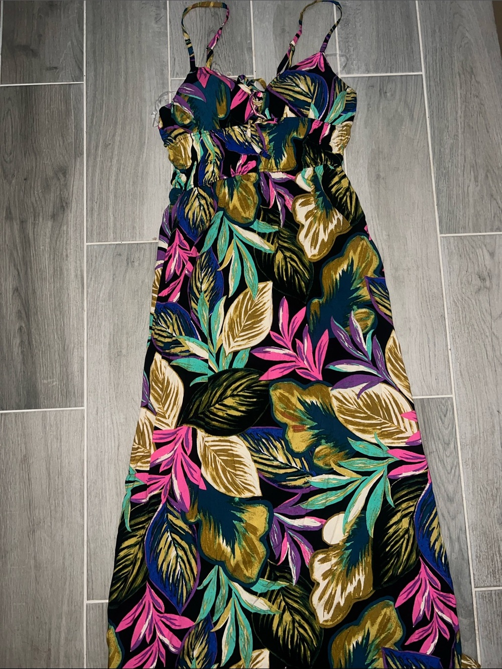Women's Tropical Print Maxi Dress - Black with Pink & Teal Leaf Pattern